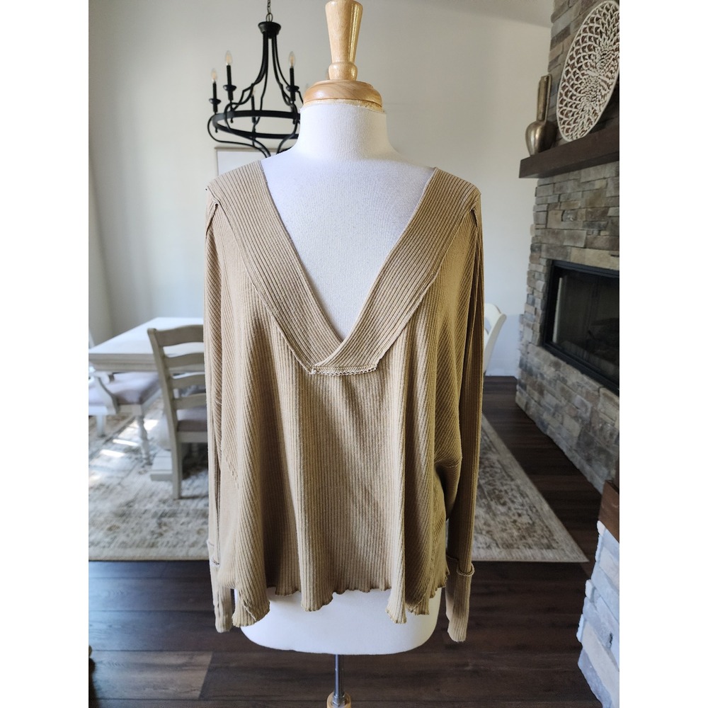 We The Free Free People South Side Thermal V-Neck Ribbed Top Tan Small